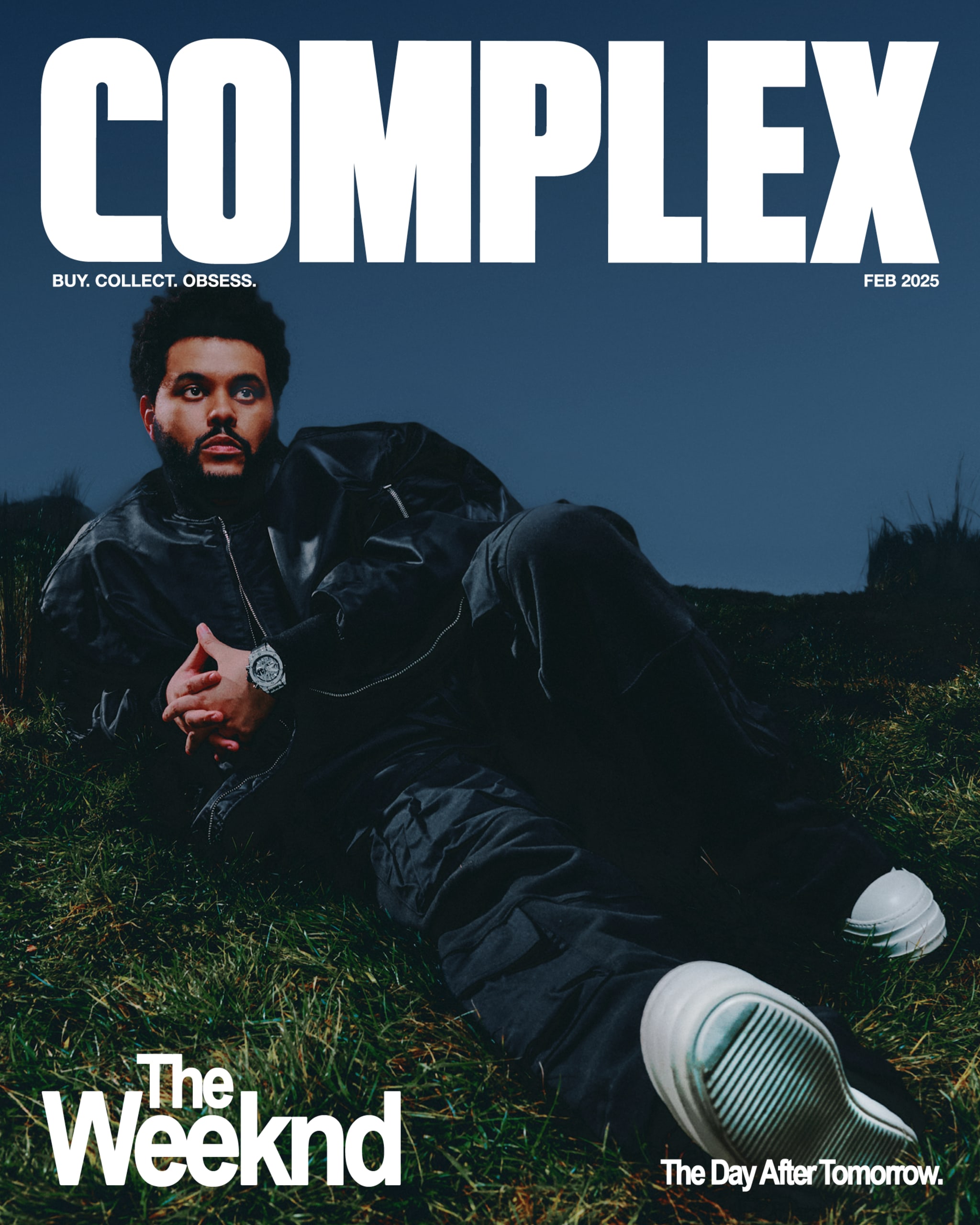 The Weeknd is reclining outdoors at night, wearing a black outfit and a watch, with a contemplative expression.
