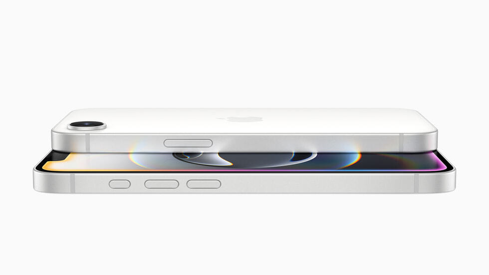 Two white iPhones stacked, showcasing the side buttons and camera lens on a white background.